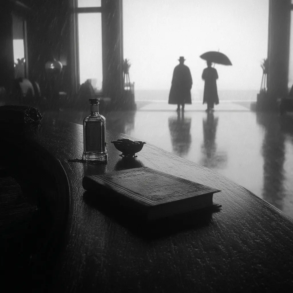 E&O Penang history: Vintage book, bottle, and two figures with umbrella in rainy lobby.