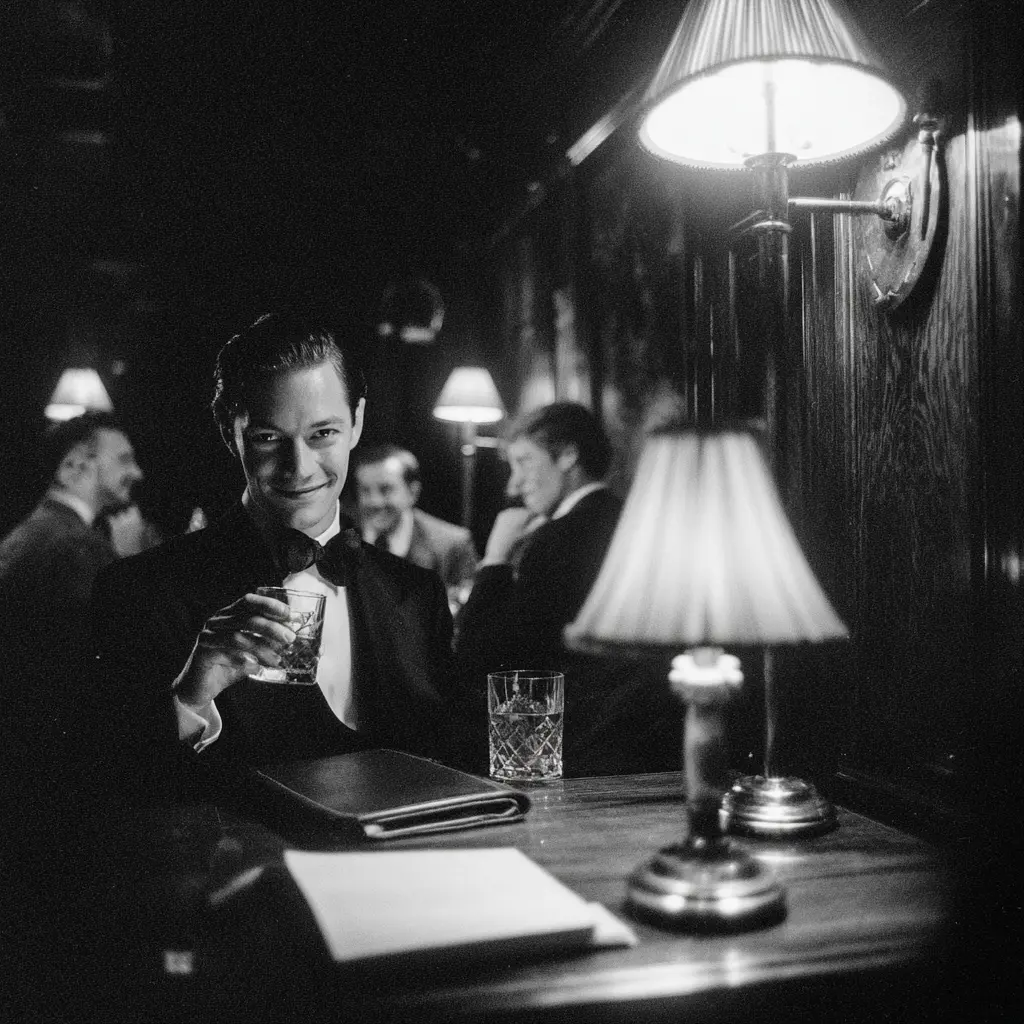 E&O Penang history: Man in tuxedo with drink in dimly lit bar