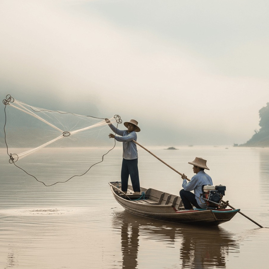 Fisherman casting net from boat on Mekong River, a source of Isan food ingredients.