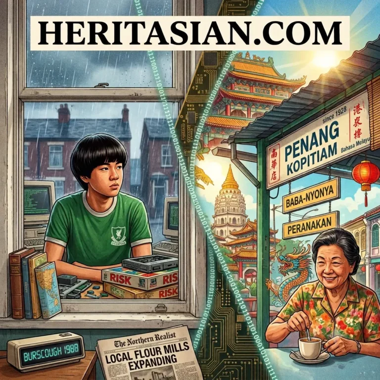 Heritasian.com: Split image of a boy in a rainy city and a woman in a vibrant Penang Kopitiam, symbolizing south east asia heritage.
