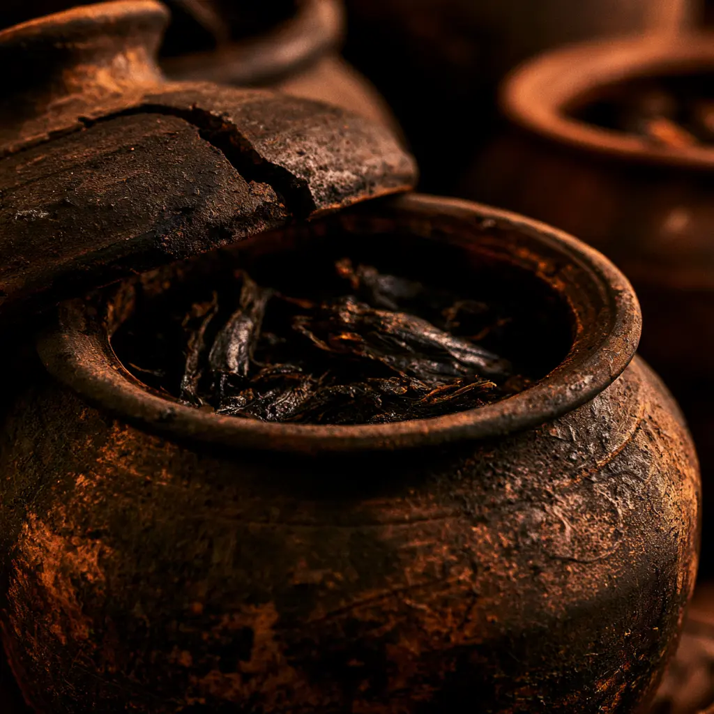 Clay pots filled with dried Isan food ingredients for Thai cuisine