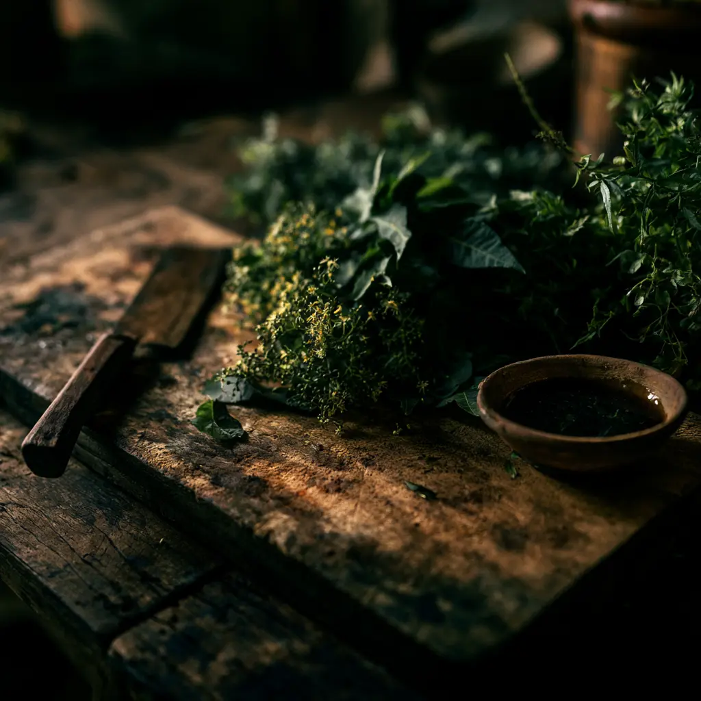 Herbs and spices on a rustic cutting board, evoking Isan food.