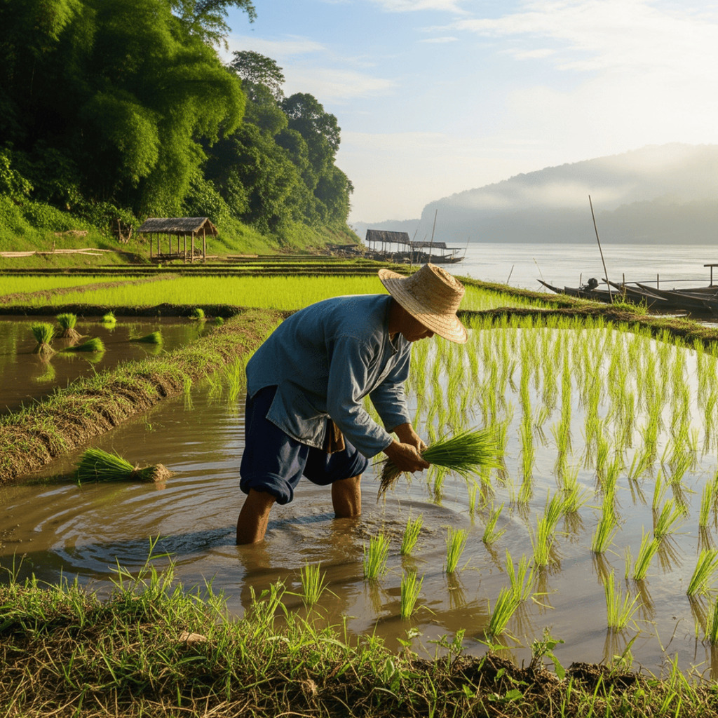 Farmer planting rice seedlings in a flooded paddy field, Isan, Thailand.