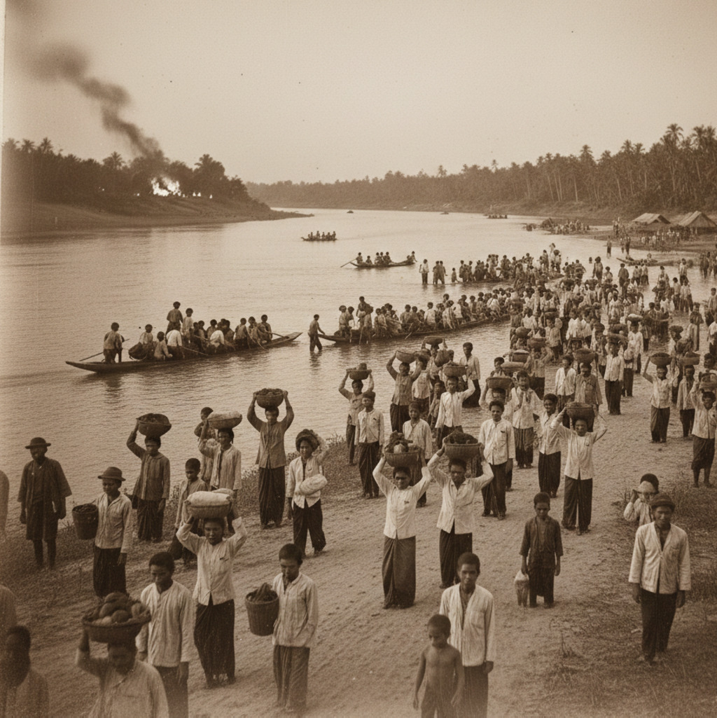 Long line of people and carts migrating across a rural landscape, possibly related to Isan Food origins.