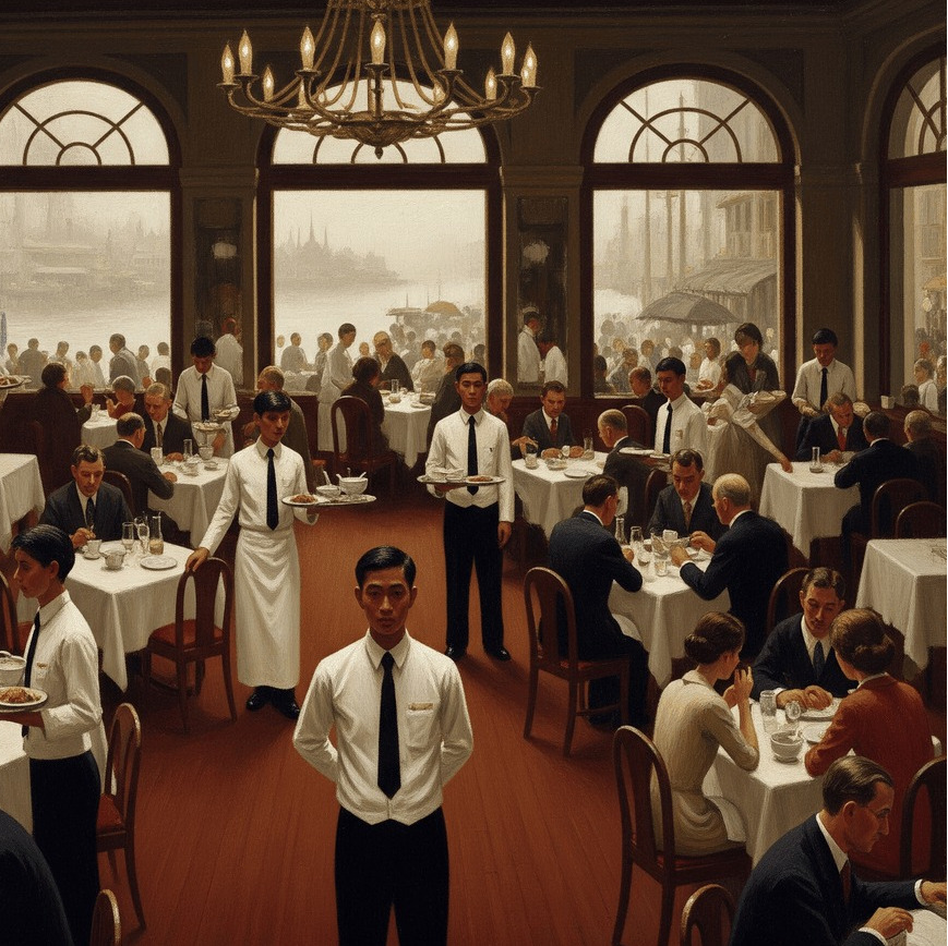 Elegant restaurant scene at Mandarin Oriental Bangkok, showcasing diners and attentive waitstaff.