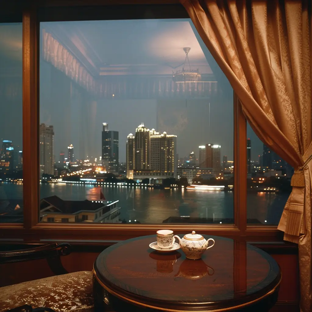 Tea set on table overlooking Bangkok cityscape at night, near Mandarin Oriental Bangkok.