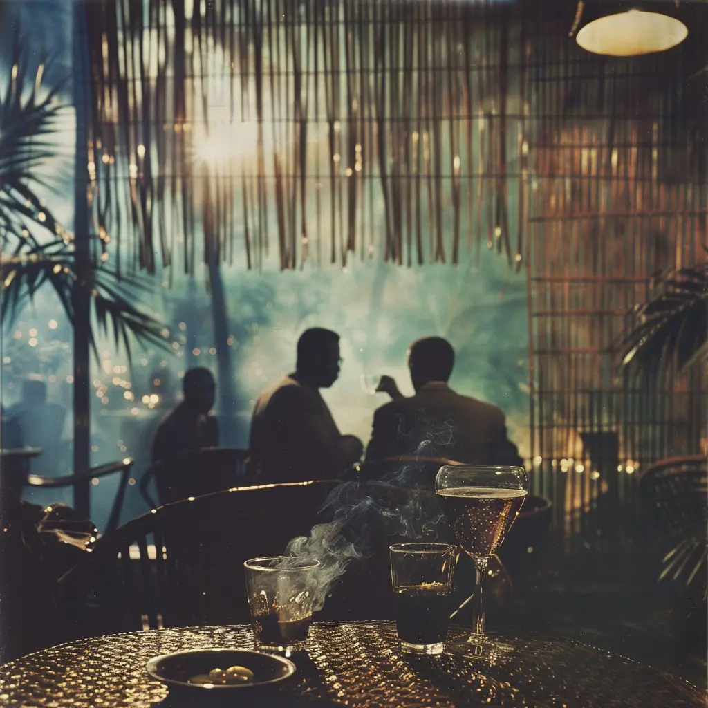 Mandarin Oriental Bangkok bar scene: silhouettes of men, drinks, and bamboo.
