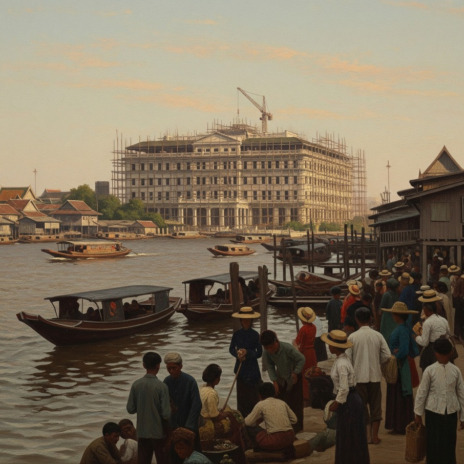 Mandarin Oriental Bangkok under construction, seen from the river with boats and people on the shore.