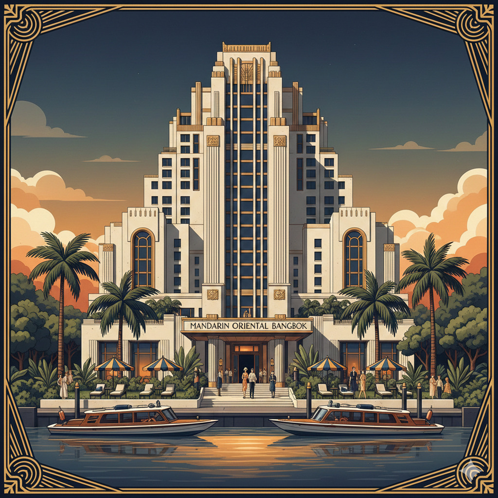 Mandarin Oriental Bangkok hotel with boats on the river, capturing its historical elegance.