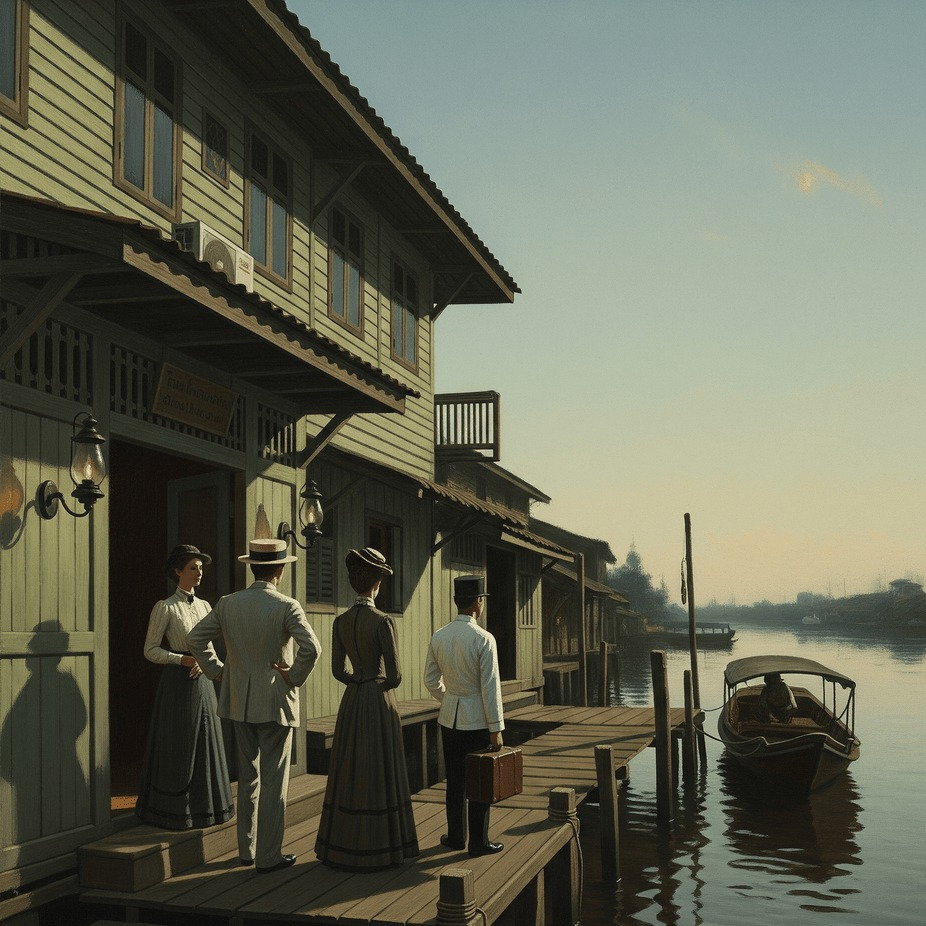 People on a dock at the Mandarin Oriental Bangkok, waiting for a boat. Historic travel scene.