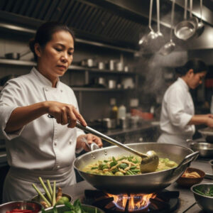Chef preparing central Thai cuisine heritage dish in a professional kitchen, stirring a wok with vegetables.