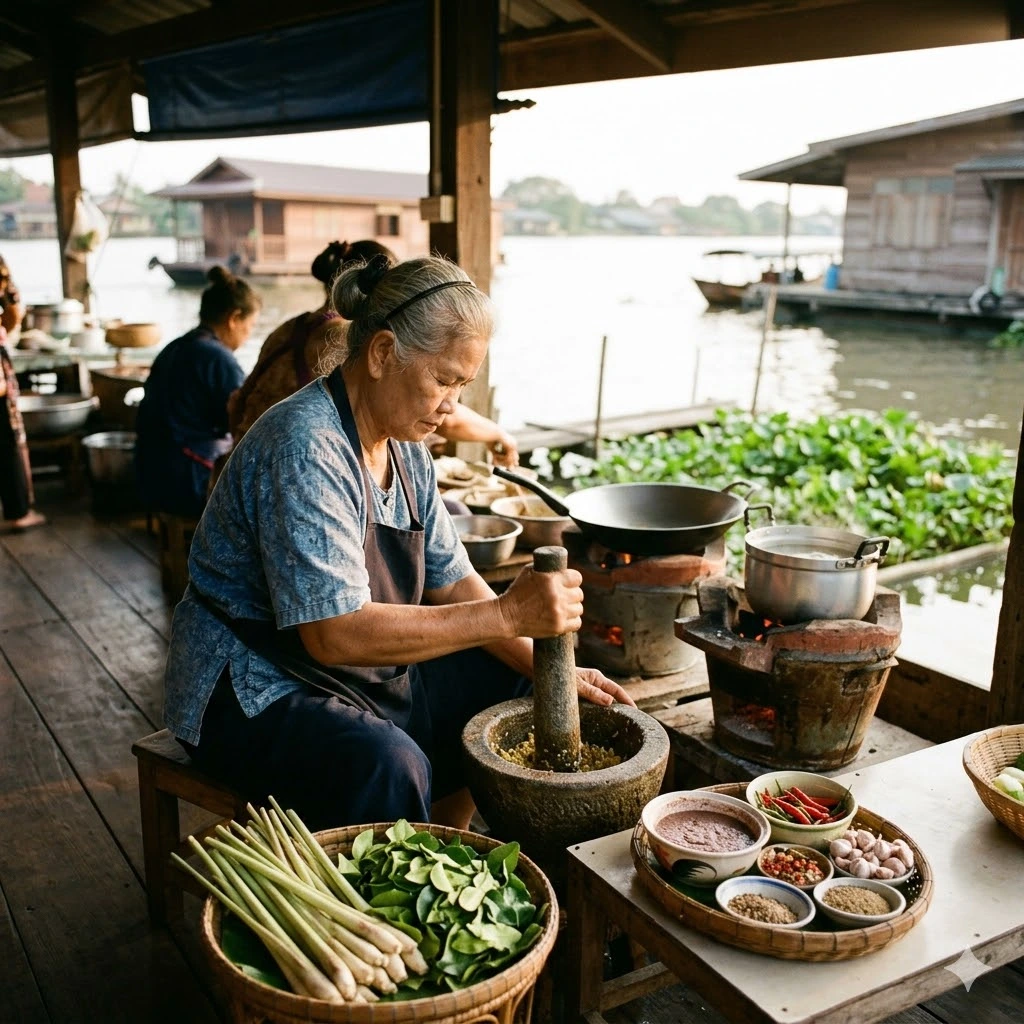 Woman pounding spices in a mortar, central Thai cuisine heritage