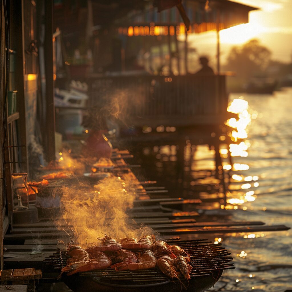 Prawns grilling on a barbecue by a canal at sunset, evoking central Thai cuisine heritage.