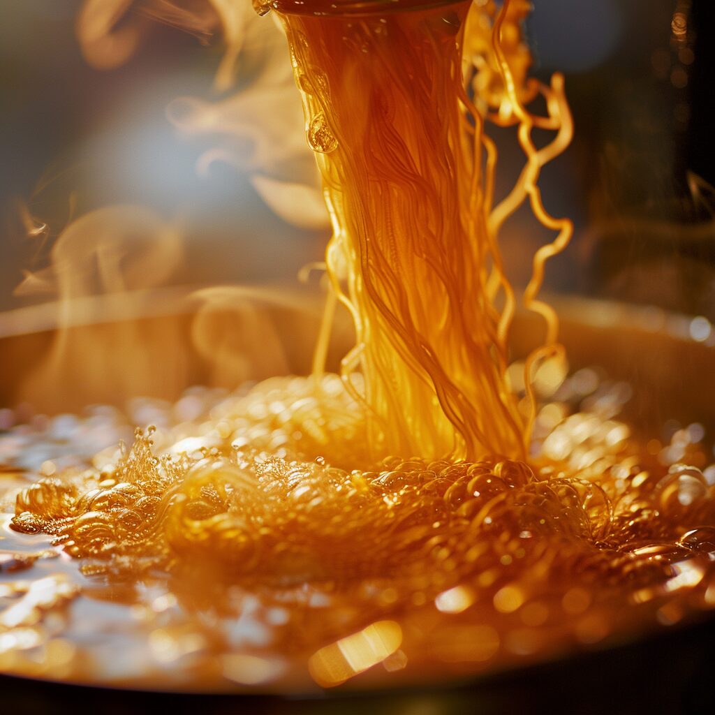 Steaming noodles being cooked in a pot, central Thai cuisine heritage