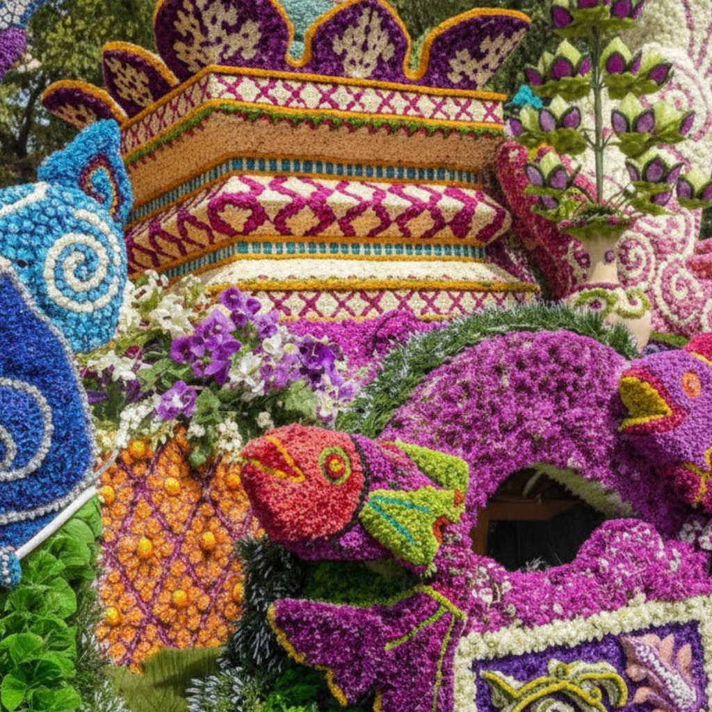 Elaborate floral float at the Flower Festival Chiang Mai, featuring vibrant colors and intricate designs.