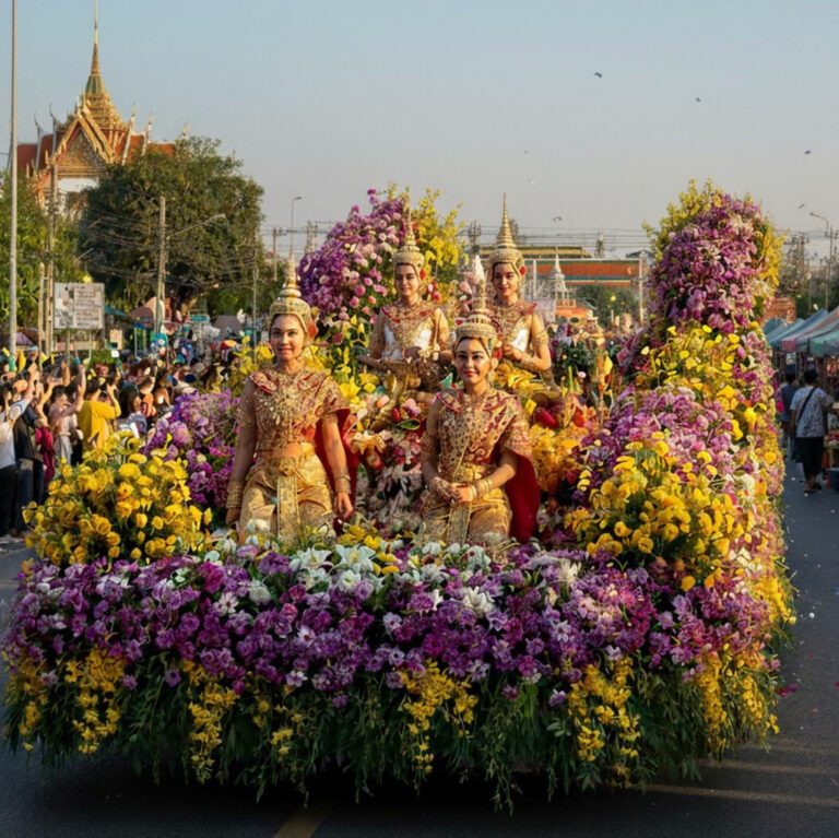 Flower Festival Chiang Mai float with women in traditional Thai dress surrounded by colorful flowers.