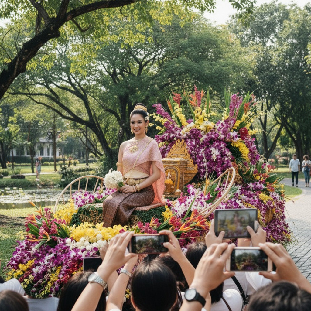 Woman in traditional Thai dress at Chiang Mai flower festival, surrounded by flowers.