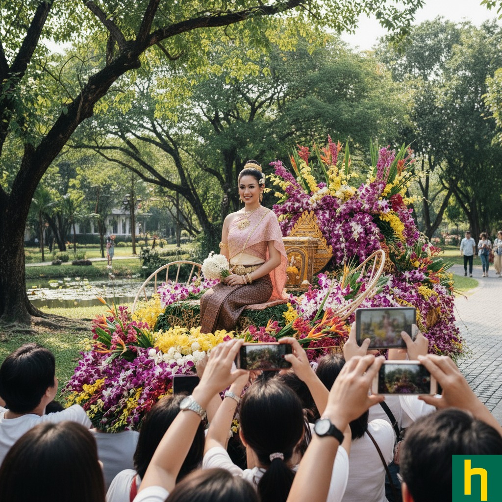 Woman in traditional Thai dress at Chiang Mai flower festival, surrounded by flowers.