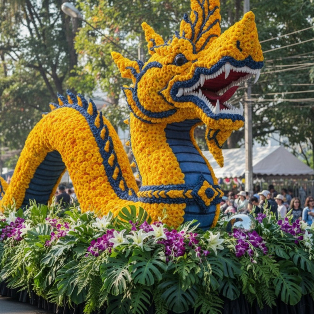 Yellow dragon float at the Flower Festival Chiang Mai, adorned with vibrant blooms and intricate blue detailing.
