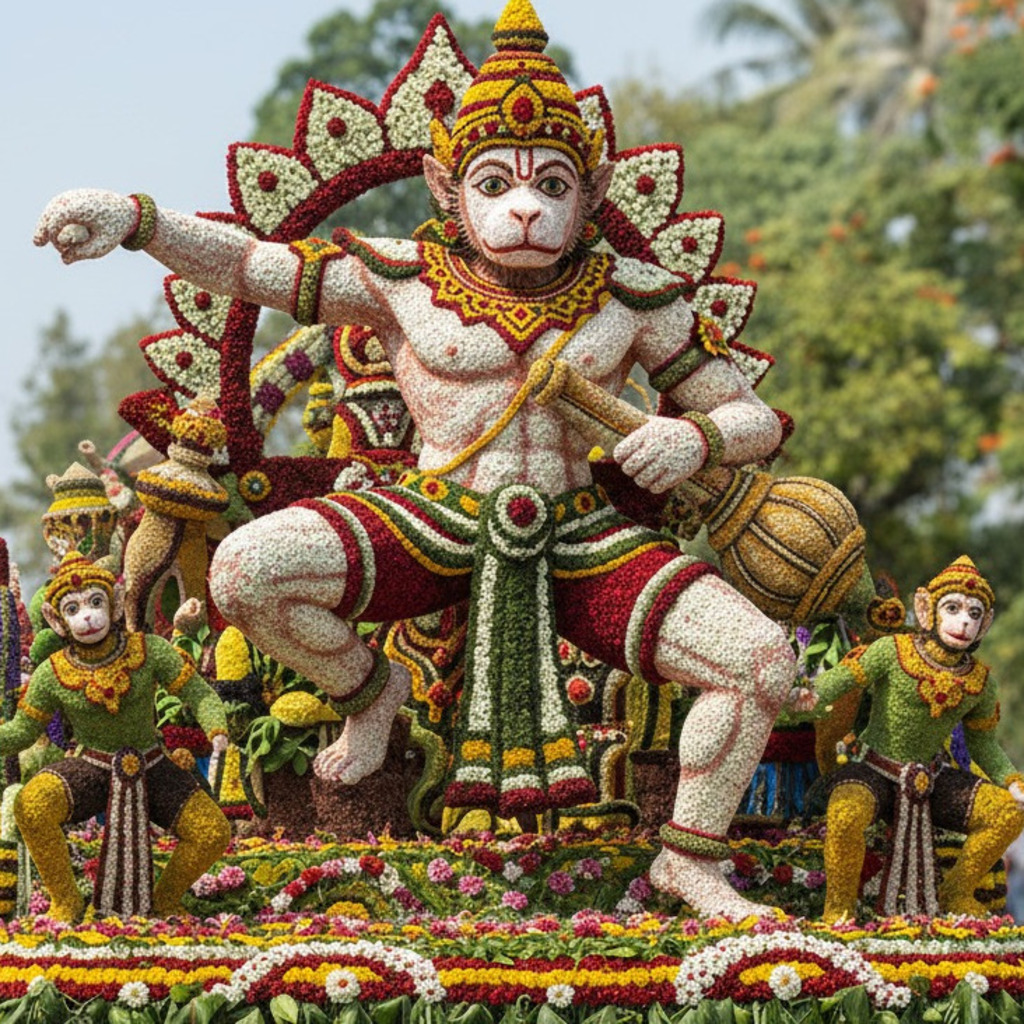 Elaborate Hanuman statue made of flowers at the Flower Festival Chiang Mai.