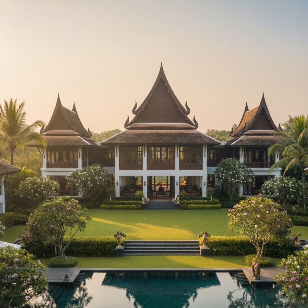 Luxury Thai villa with pool and garden. Possibly related to Flower Festival Chiang Mai.