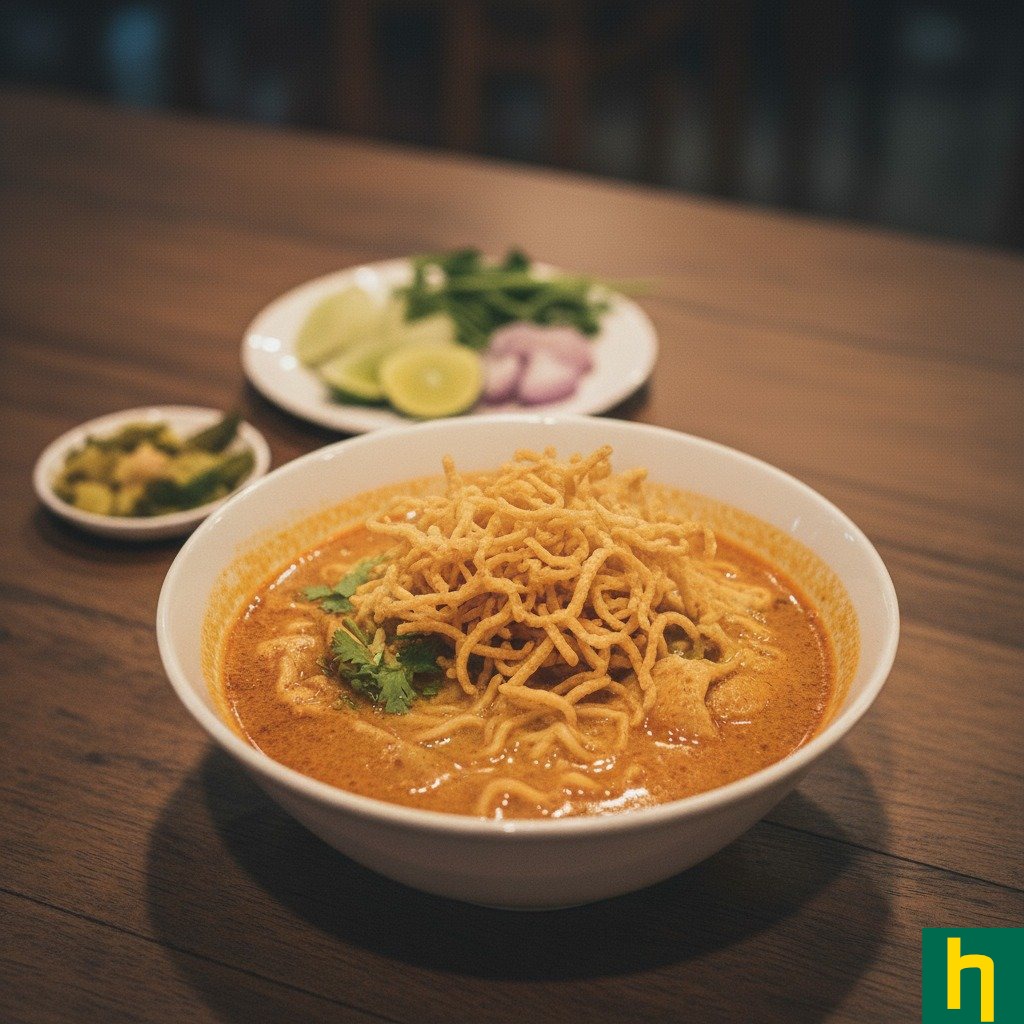 Bowl of Khao Soi, a Northern Thai noodle curry soup, with garnishes on a wooden table.