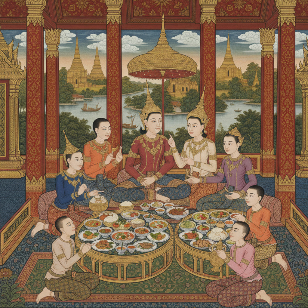 Central Thai cuisine heritage: Traditional Thai meal with people in ornate room overlooking temple landscape.