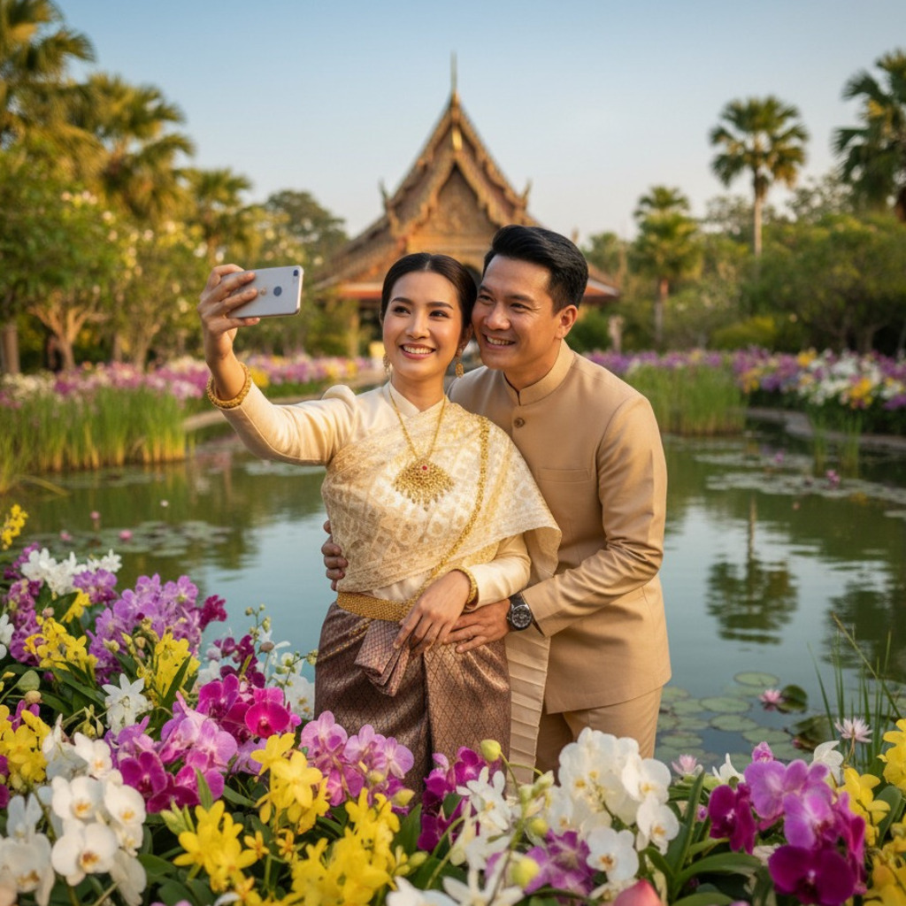 Couple taking selfie at Chiang Mai flower festival, surrounded by colorful orchids and a traditional temple.