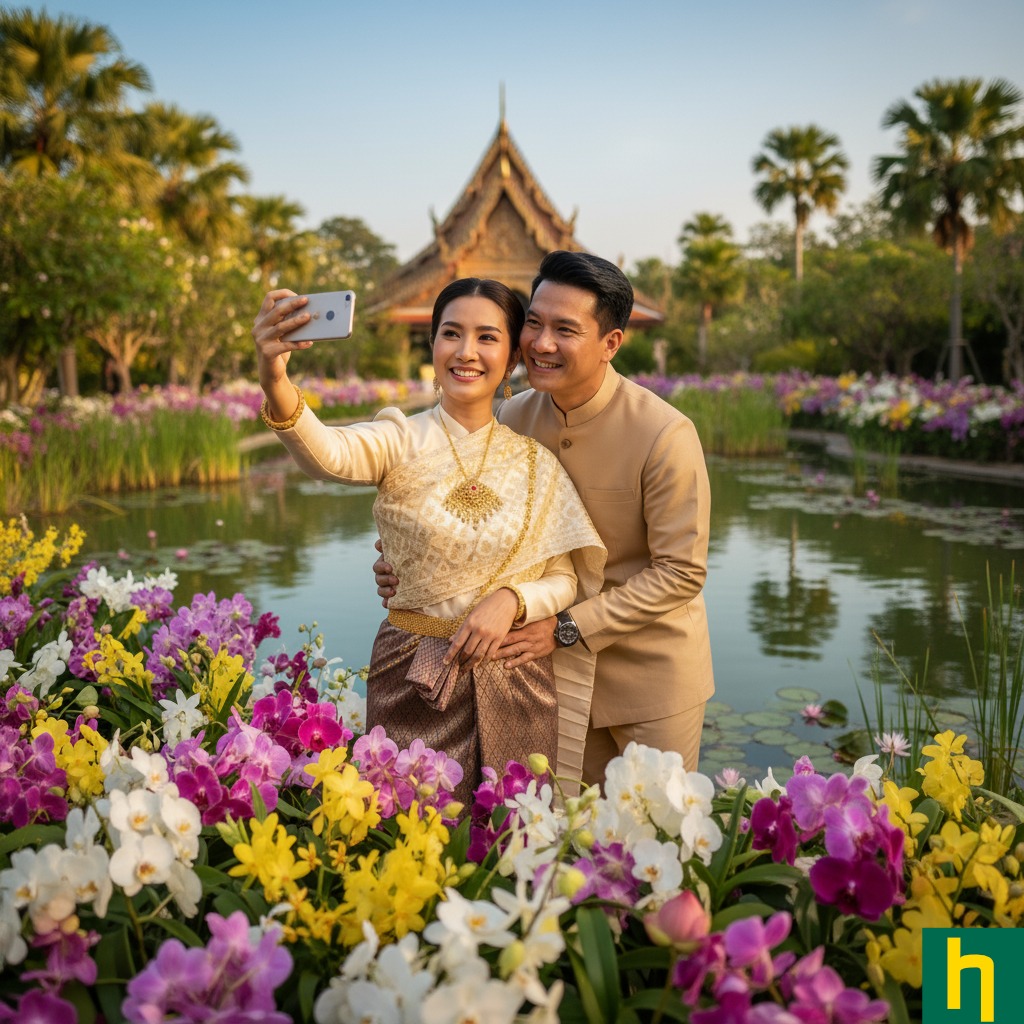 Couple taking selfie at Chiang Mai flower festival, surrounded by colorful orchids and a traditional temple.