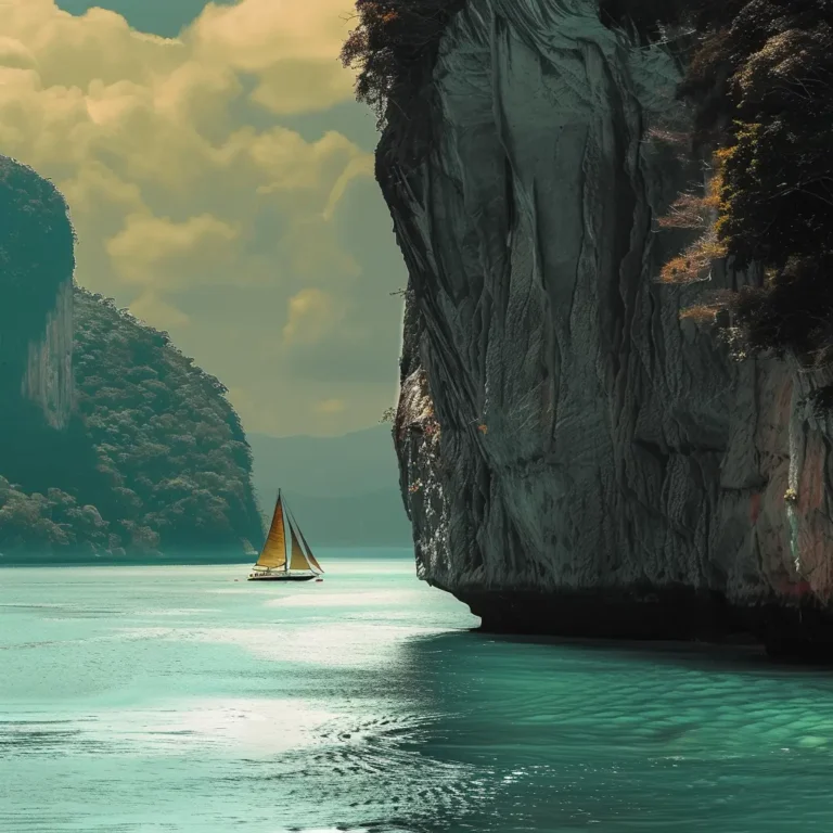 Sailboat near limestone cliffs in Langkawi, Malaysia, exploring its history.