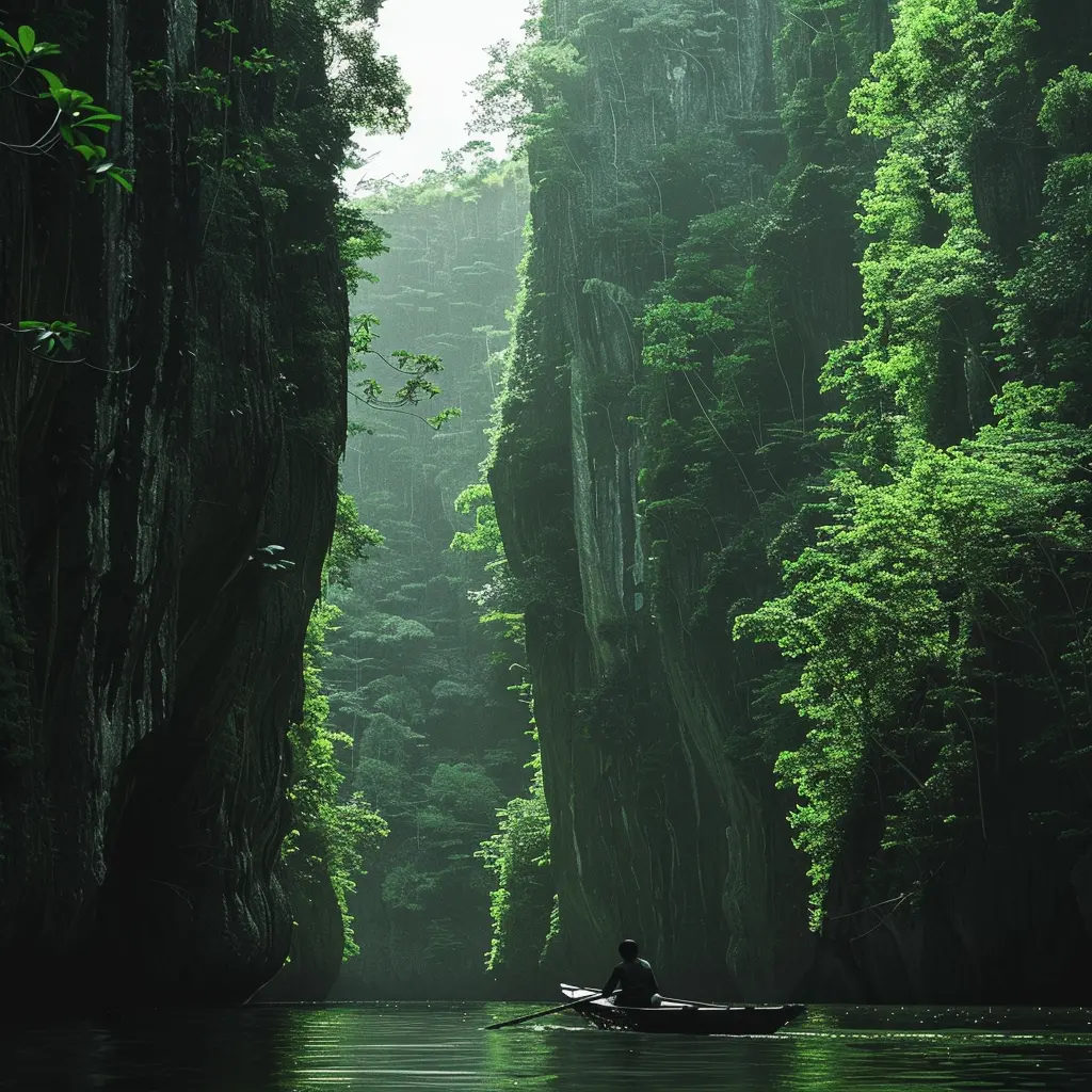Kayaker navigates a narrow, lush green gorge, hinting at Langkawi's hidden history.