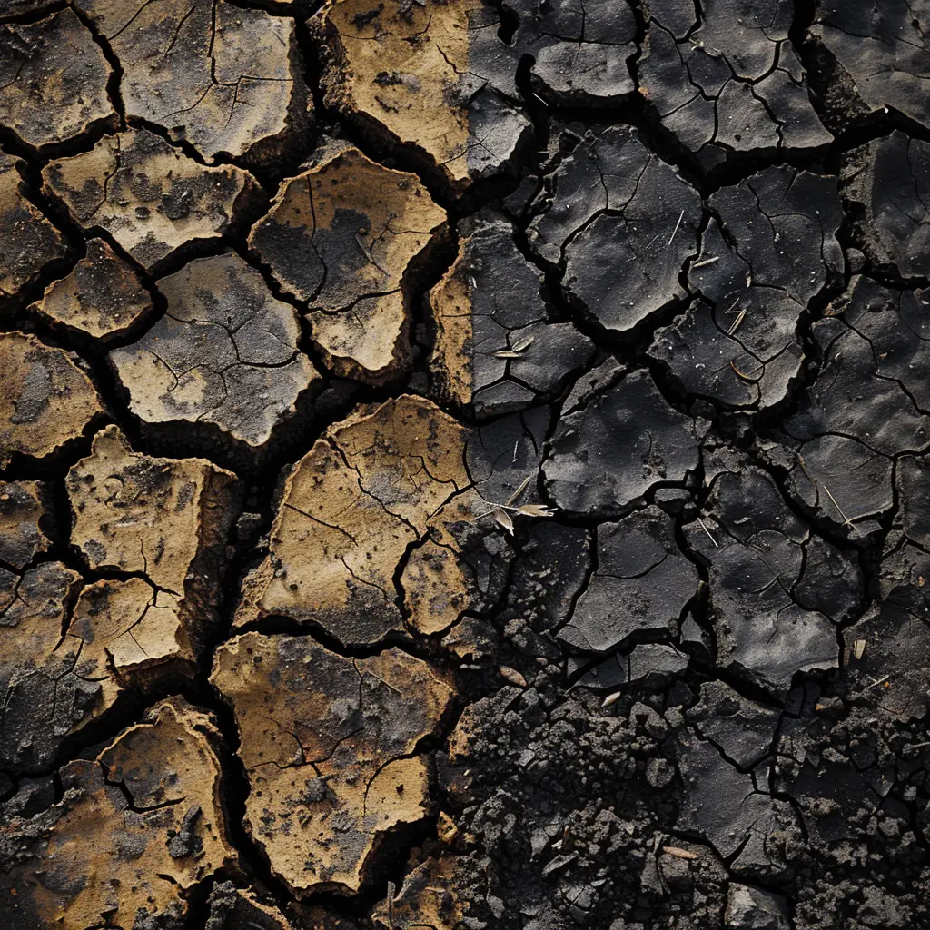 Cracked dry earth, half brown and half black, symbolizing land degradation
