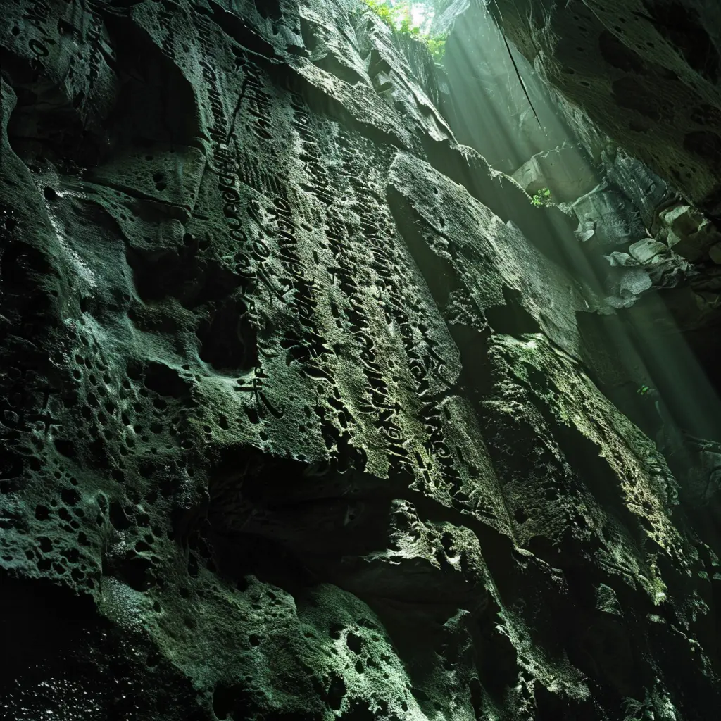 Ancient carvings on a moss-covered cliff face in Langkawi, bathed in sunbeams.