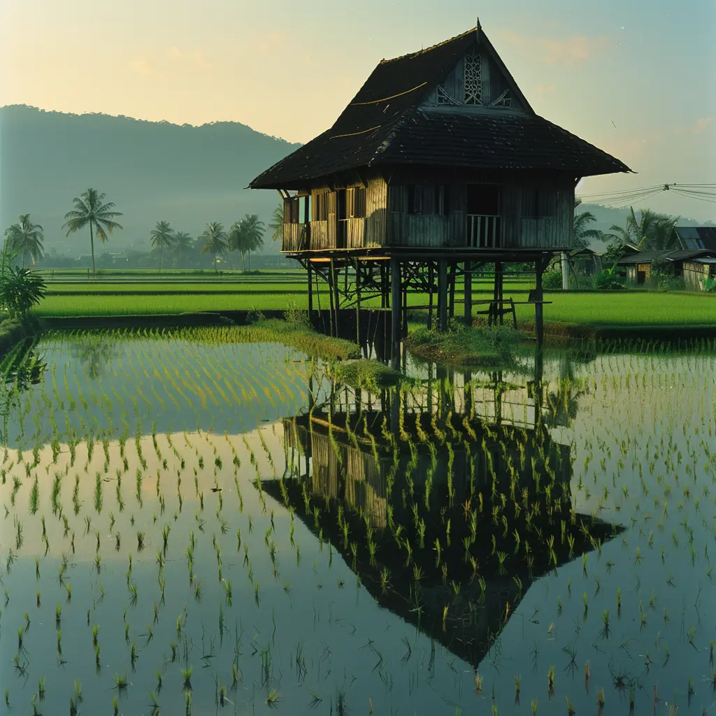 Stilt house in a flooded rice paddy at sunrise, Langkawi history.