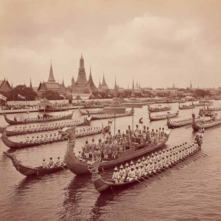 Traditional boats on Bangkok’s Chao Phraya River with Grand Palace in view