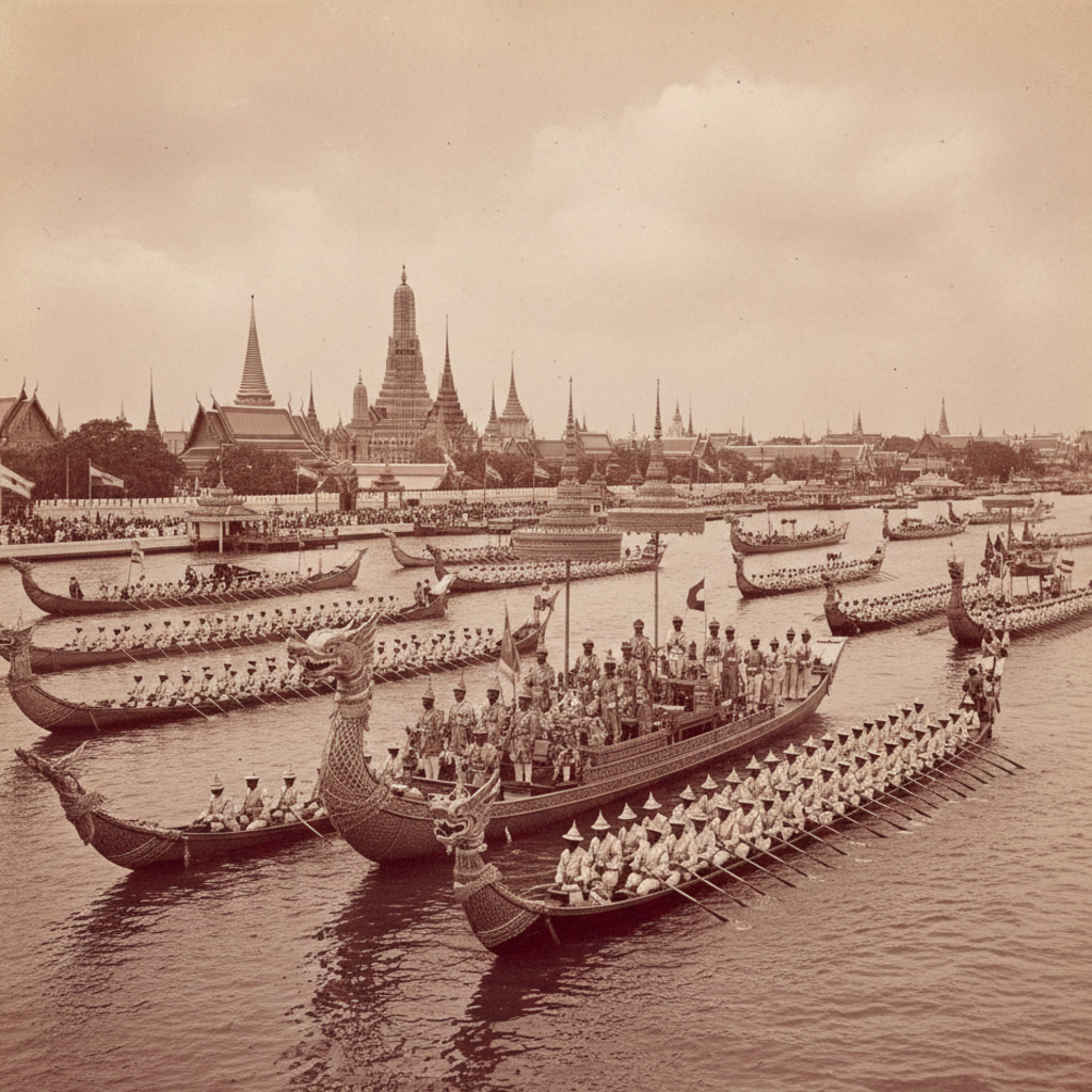 Traditional boats on Bangkok’s Chao Phraya River with Grand Palace in view