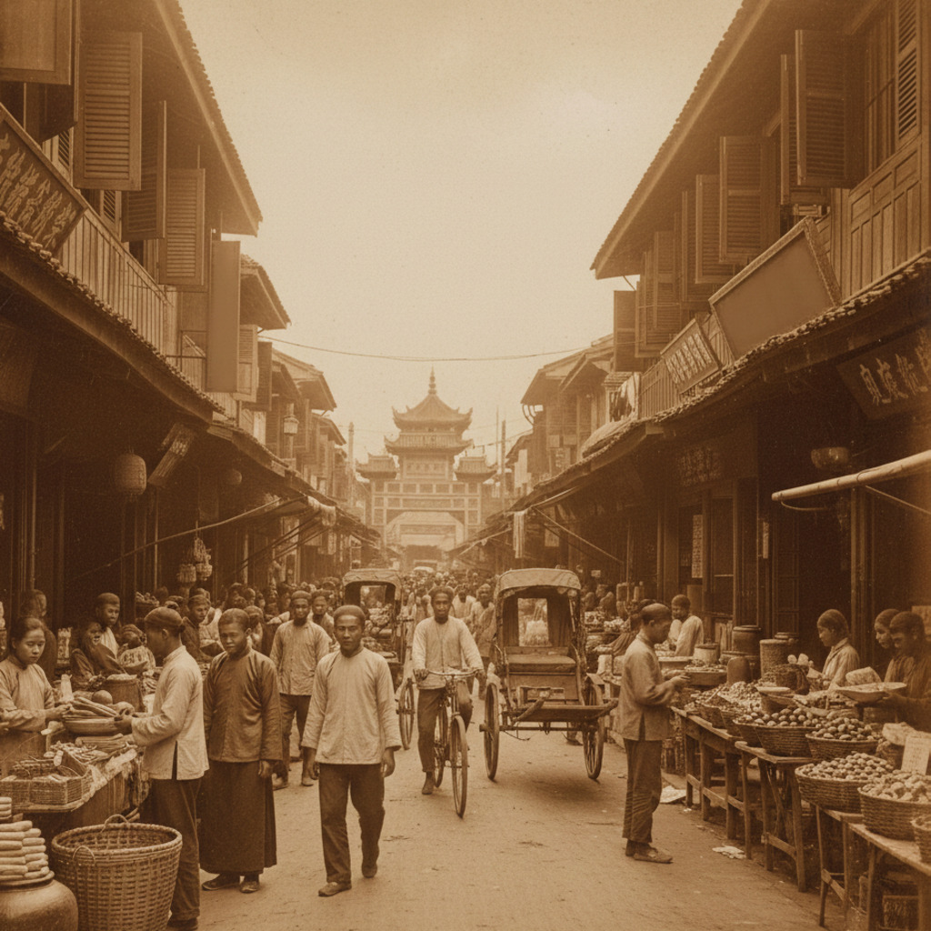 Bangkok heritage scene: Bustling market street with vendors, lanterns, and traditional architecture.