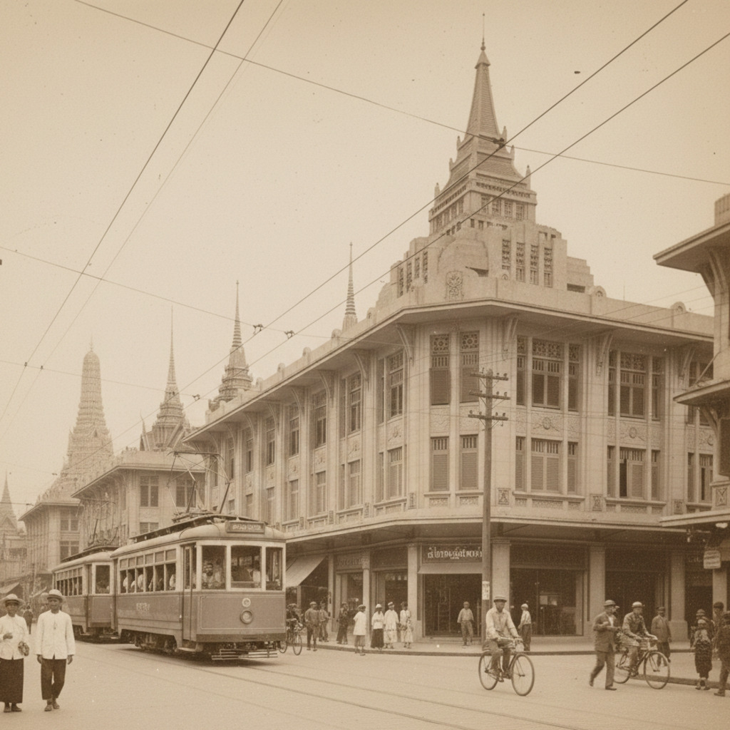 Vintage Bangkok street scene with trams, traditional Thai architecture, and a sunset sky, showcasing Bangkok heritage.