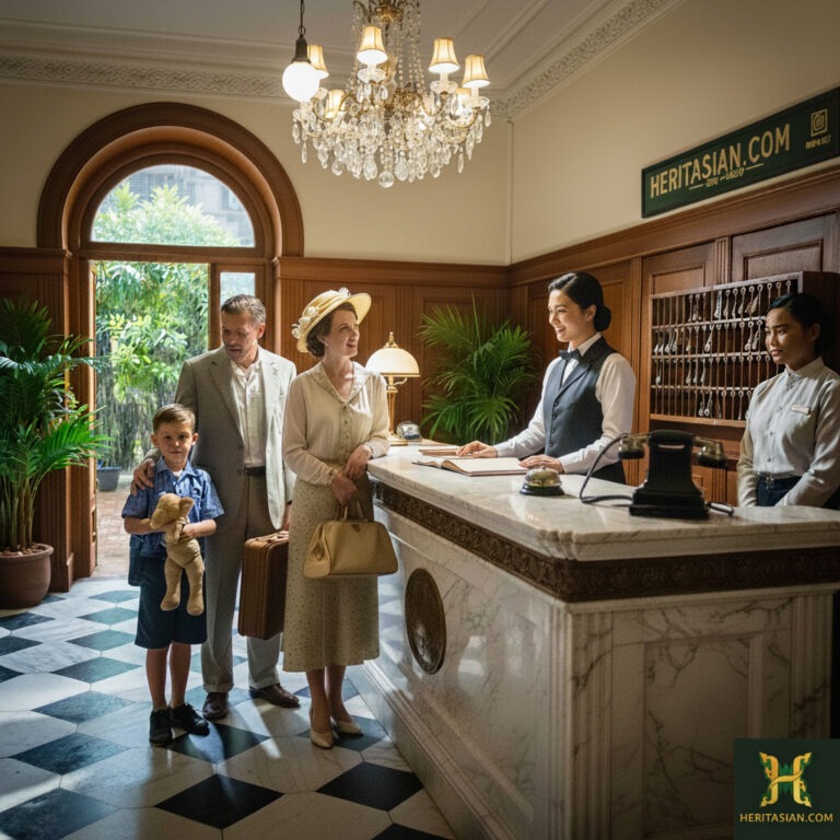 Family checking into a classic hotel lobby. Heritasian.com logo visible. Booking an Experience, Not Just a Stay.