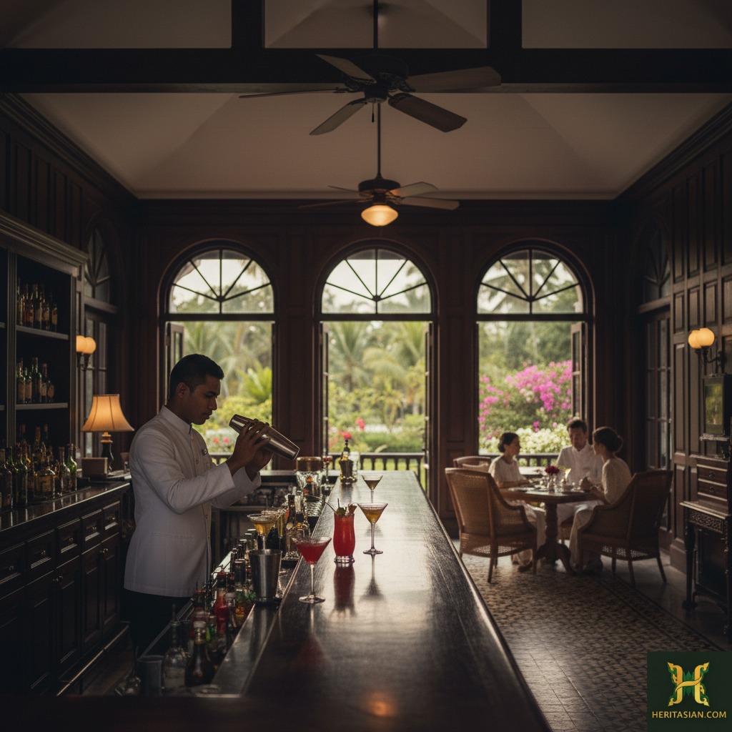 Bartender mixing cocktails at a bar in a Colonial Heritage Hotel in South East Asia.