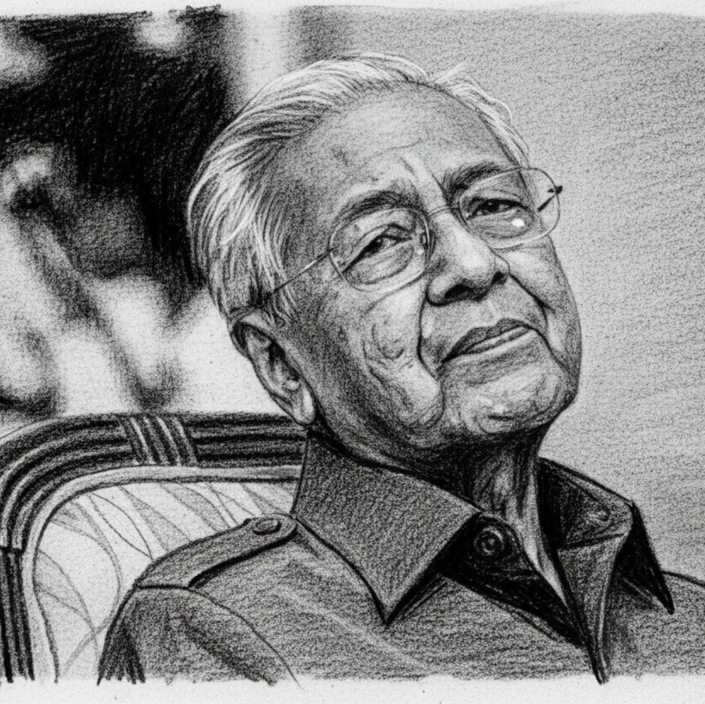 Pencil sketch portrait of Mahathir Mohamad, relevant to Langkawi history