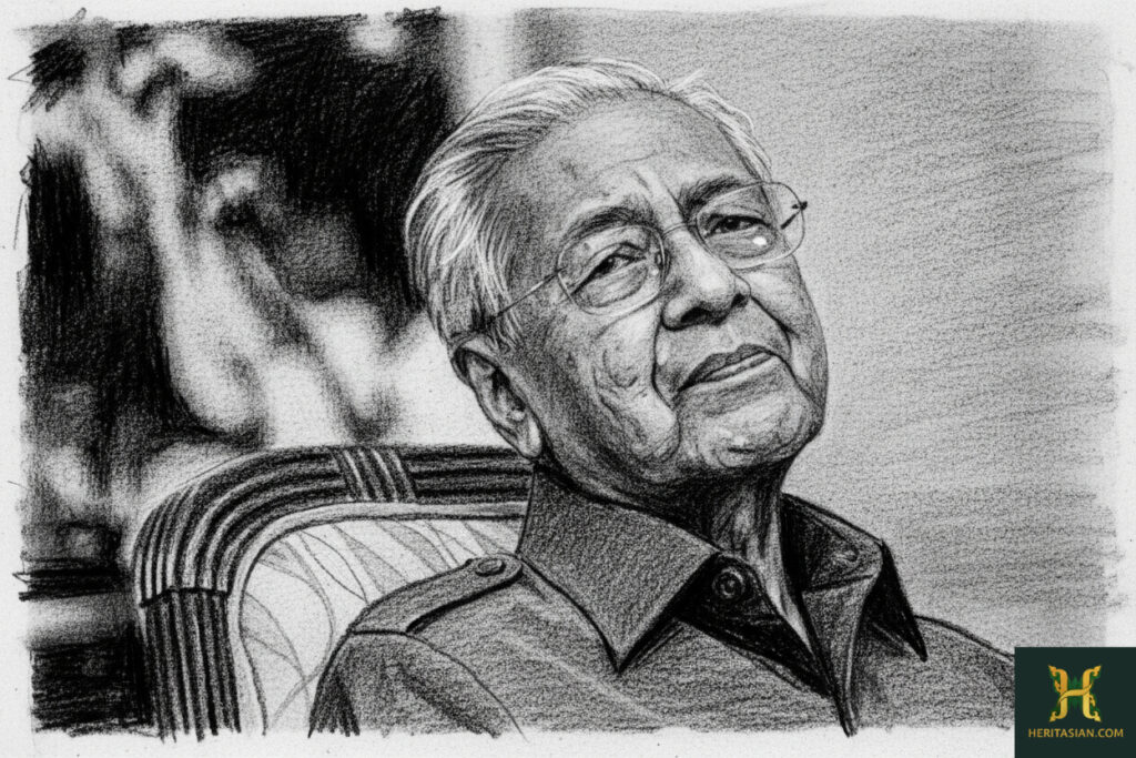 Pencil sketch portrait of Mahathir Mohamad, relevant to Langkawi history