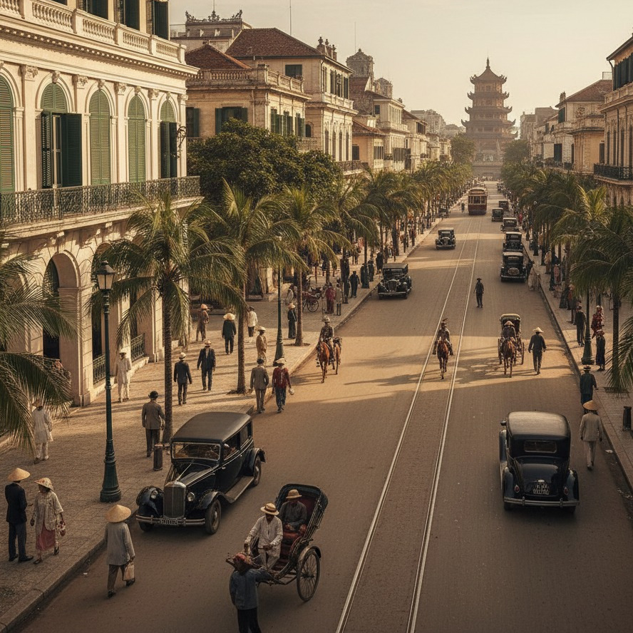Historical street scene in Hanoi, Vietnam, featuring colonial architecture and vintage cars. Perfect for exploring Colonial Heritage Hotels In South East Asia.