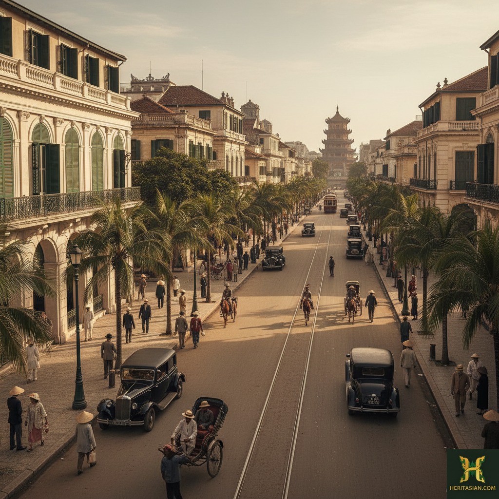 Historical street scene in Hanoi, Vietnam, featuring colonial architecture and vintage cars. Perfect for exploring Colonial Heritage Hotels In South East Asia.