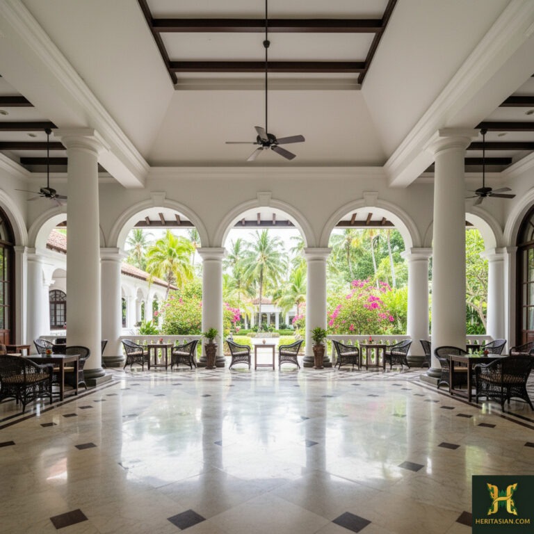 Elegant veranda of a Colonial Heritage Hotel in South East Asia, with arched doorways and lush garden views.