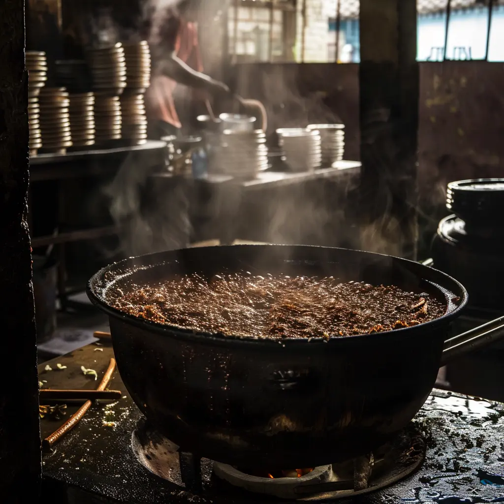 Boiling food in a large pot on a stove in a Bangkok kitchen, part of its heritage.