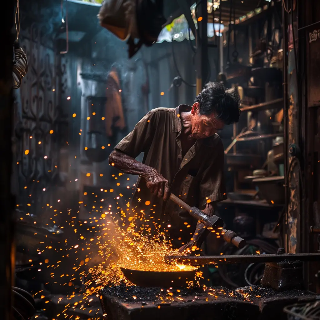 Blacksmith in Bangkok workshop, sparks fly, preserving bangkok heritage.