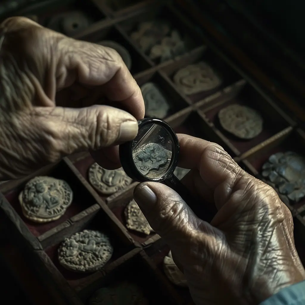 Elderly hands examine ancient coins with a magnifying glass, hinting at Bangkok heritage.