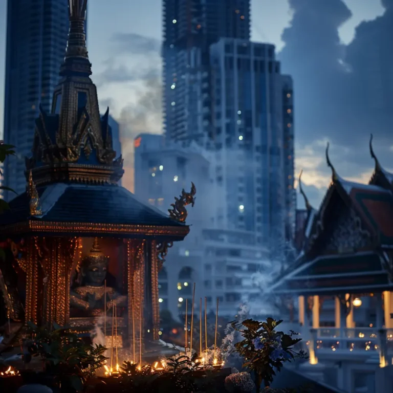 Bangkok heritage: A shrine with incense smoke contrasts with modern skyscrapers.