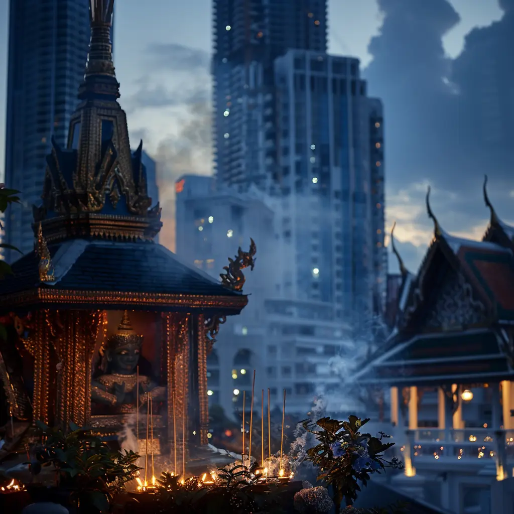 Bangkok heritage: A shrine with incense smoke contrasts with modern skyscrapers.